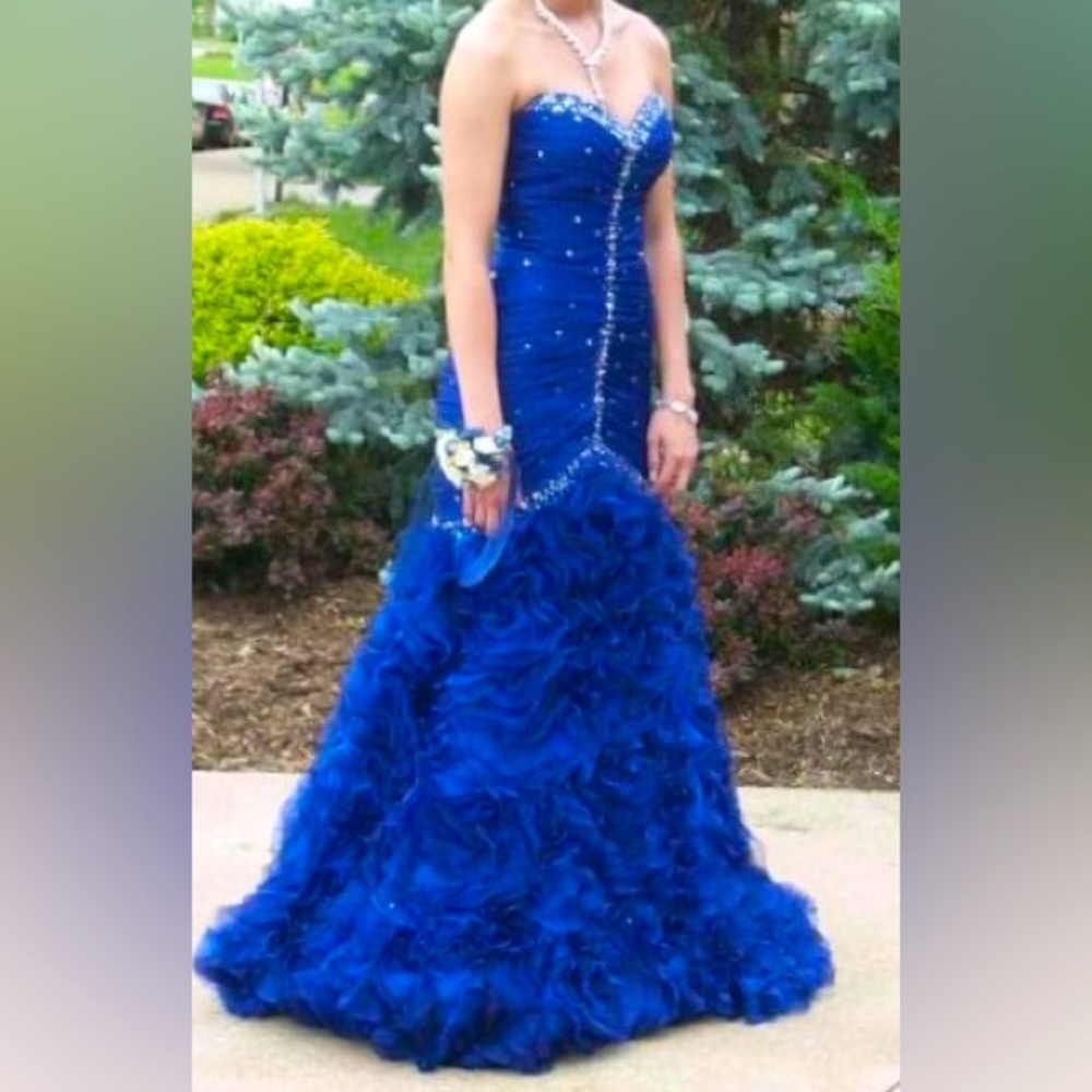Blue Prom Dress, Strapless Mermaid-Style with Rhinestones